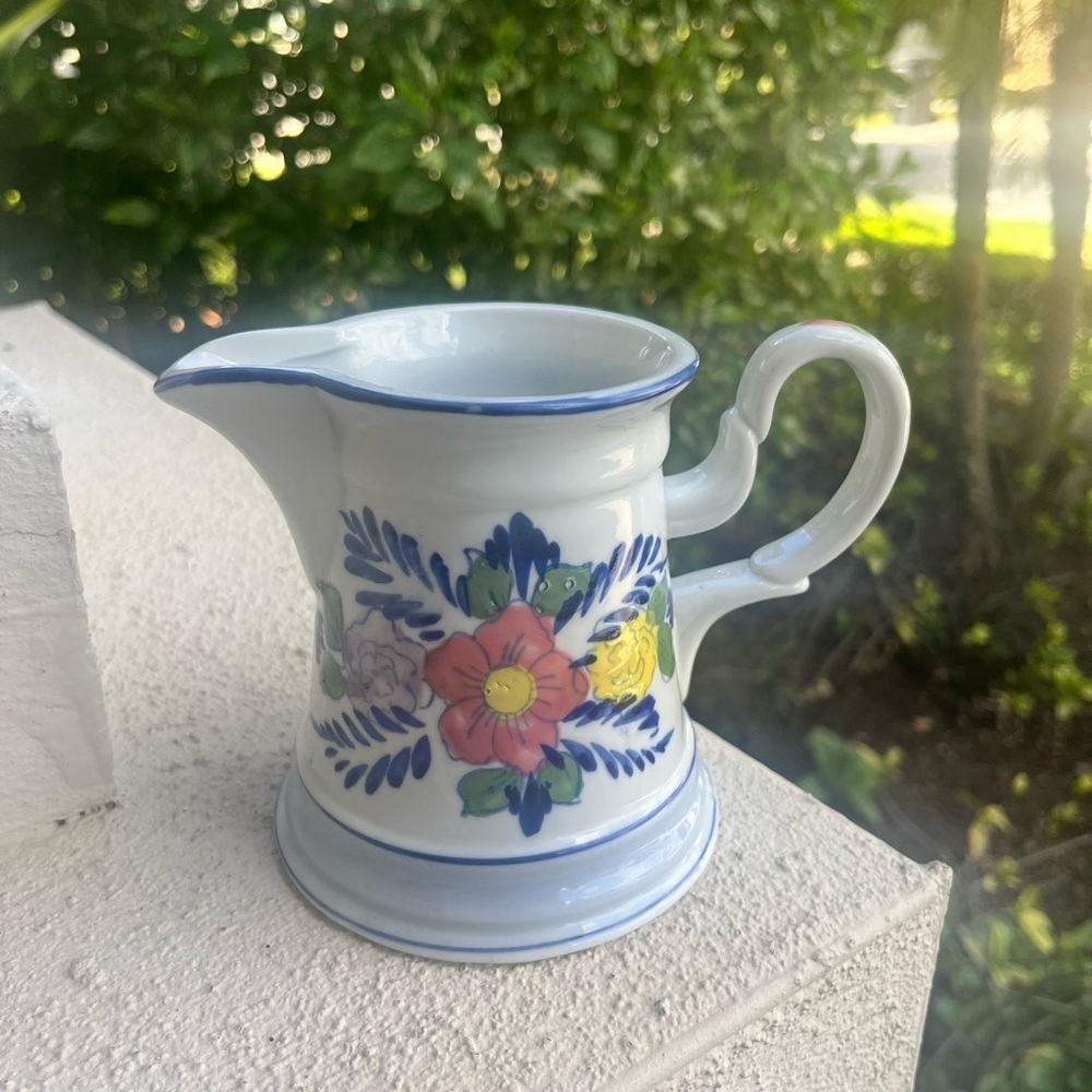 Vintage Hand Painted Ceramic Pitcher with Flower Artwork